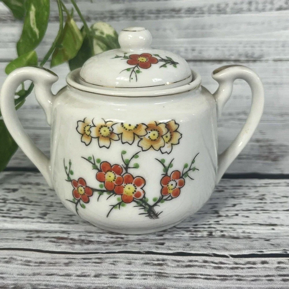 Vintage Hall's Orange Poppy Sugar Bowl & Lid Porcelain with Gold Trim